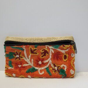 Wool Clutch Bag Purse Long Stitch Embroidered Zip Floral Golden Orange